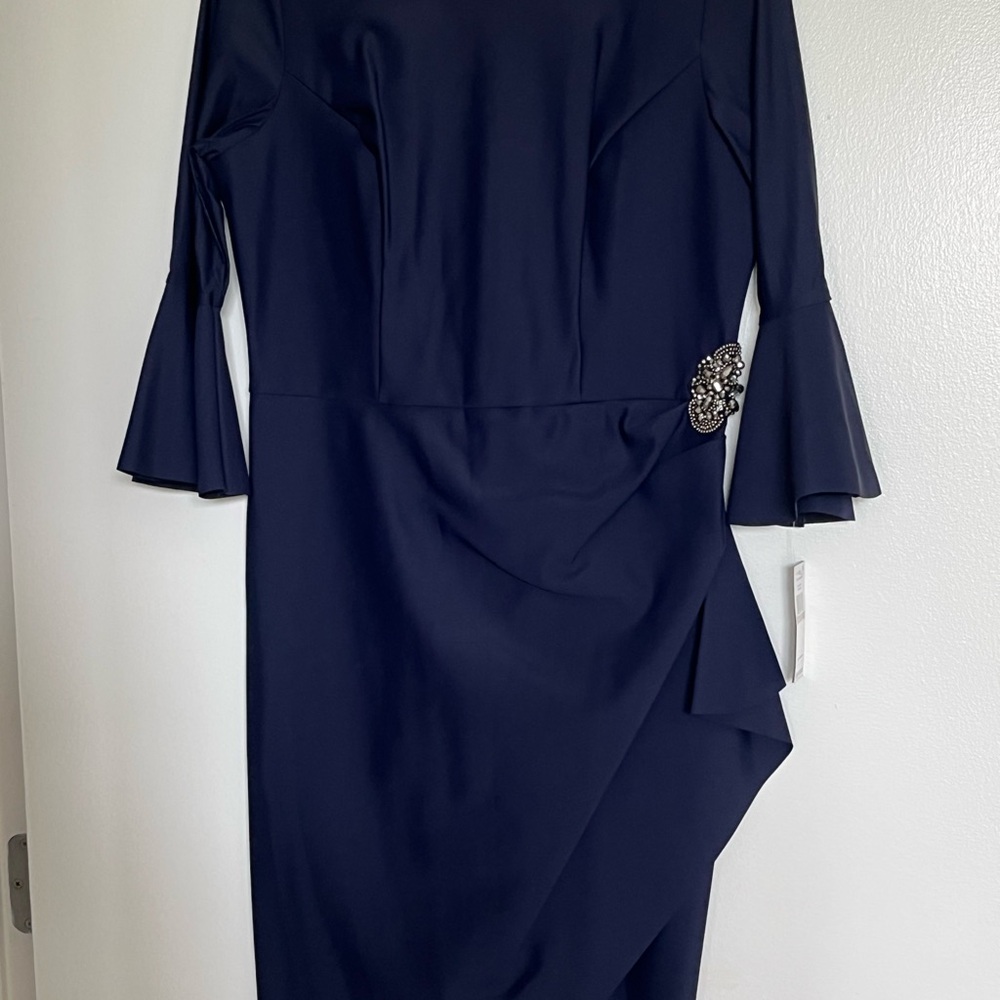 Alex Evenings Blue Asymmetrical Ruched Sheath Dress